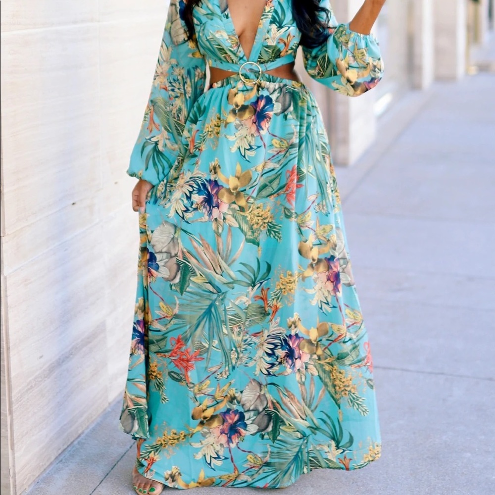 Floral Cutout Maxi Dress in Turquoise